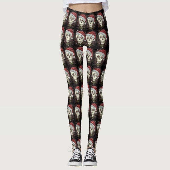 DEAD HEAD SANTA SKULL, CHRISTMAS SKELETON HUMOR LEGGINGS (Framsida)