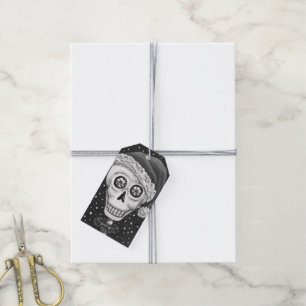 DEAD HEAD SANTA SKULL, CHRISTMAS SKELETON HUMOR PRESENTETIKETT