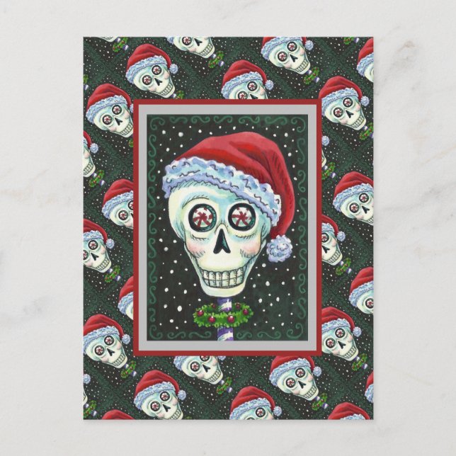 DEAD HEAD SANTA SKULL, CHRISTMAS SKELETON HUMOR VYKORT (Framsida)