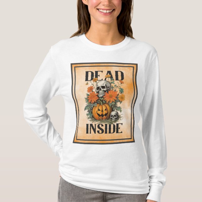 DEAD INSIDE-Spooky Jack O'Lantern Skull & Flowers T Shirt (Framsida)