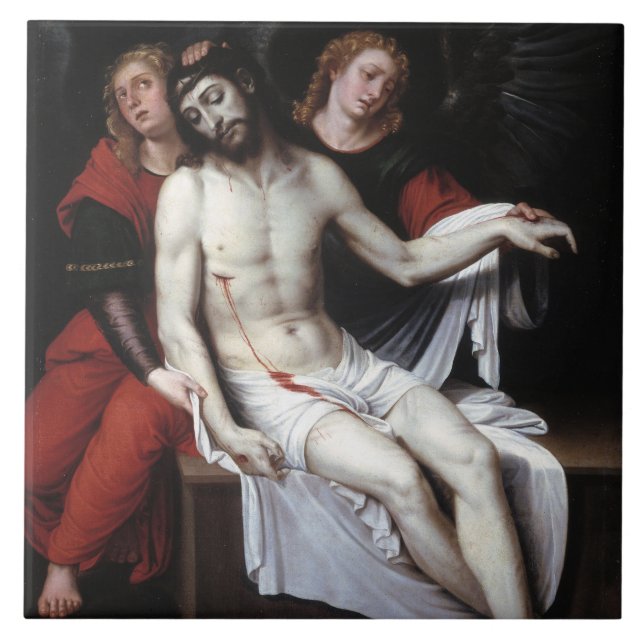 Dead Kristus som stöds av två Änglar (Ribalta) Kakelplatta (Framsidan)