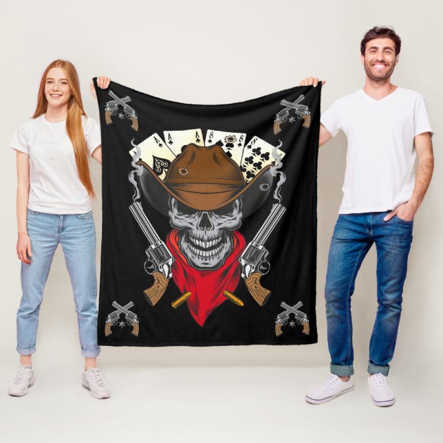Dead Man's Hand Cowboy Skull Crossed Guns Fleecefilt (På plats)