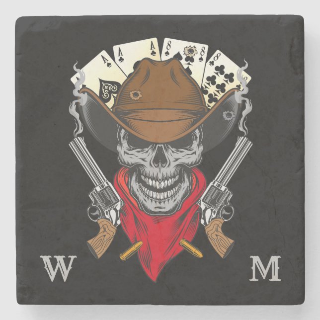 Dead Mans Hand spelar upp kort Cowboy Skull Monogr Stenunderlägg (Framsidan)