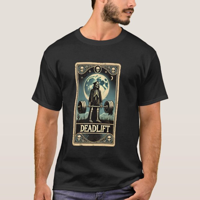 Deadlifts Gym Workout Funny Skeleton Tarot Card T Shirt (Framsida)