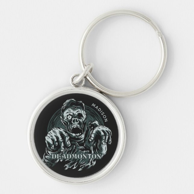 DEADMONTON-nyckelringar med eget namn Rund Silverfärgad Nyckelring (Framsidan)