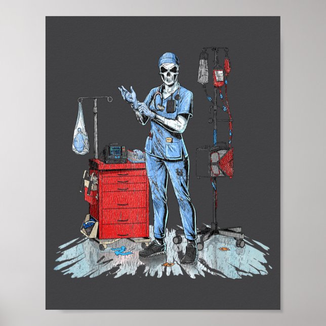 Deadside Nurse Blue Scrubs Funny Skeleton Doctor M Poster (Framsidan)