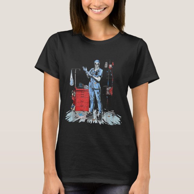 Deadside Nurse Blue Scrubs Funny Skeleton Doctor M T Shirt (Framsida)