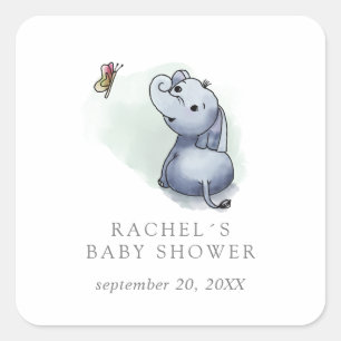 Deaming elefant med fjärilsbaby showerfavör fyrkantigt klistermärke