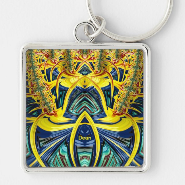 DEAN ~ Blue Aqua Red Grönt Gult GLOSSY ~ Fyrkantig Silverfärgad Nyckelring (Framsidan)