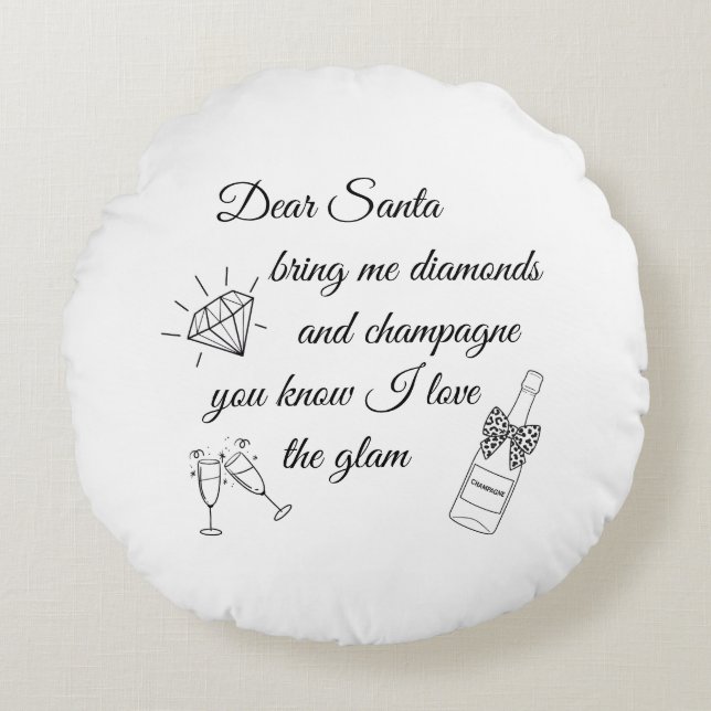 Dear Santa Champagne & Diamonds Line Art Design Rund Kudde (Framsidan)