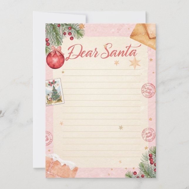  Dear Santa Letter Template | Pastel Pink & Gold Inbjudningar (Framsida)