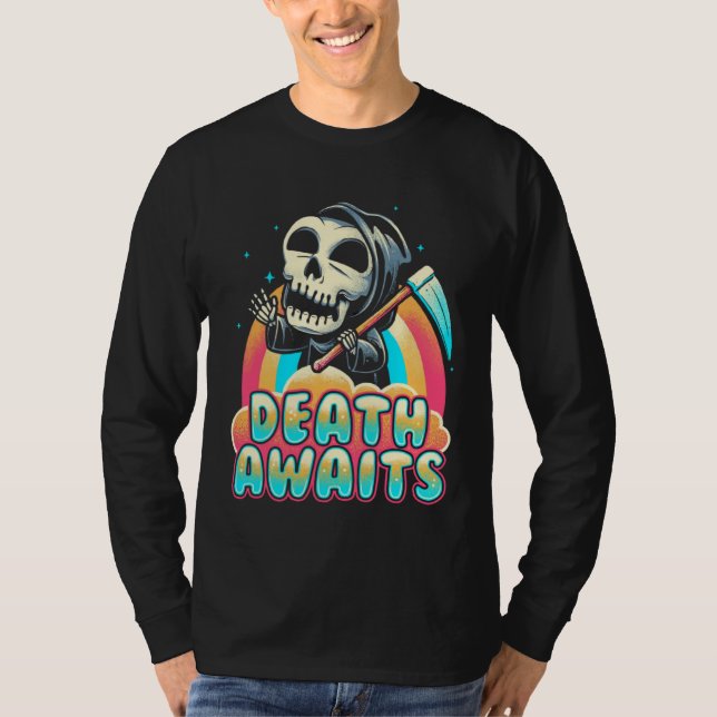 Death Awaits Grim Reaper Scythe Rainbow T Shirt (Framsida)