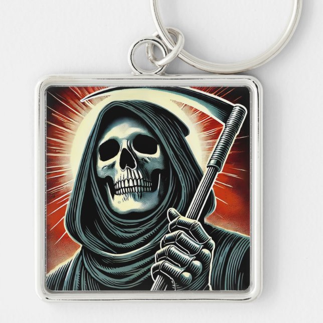 death character illustration fyrkantig silverfärgad nyckelring (Framsidan)