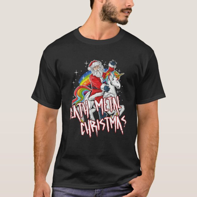 Death Metal Christmas Santa Riding a Unicorn T Shirt (Framsida)