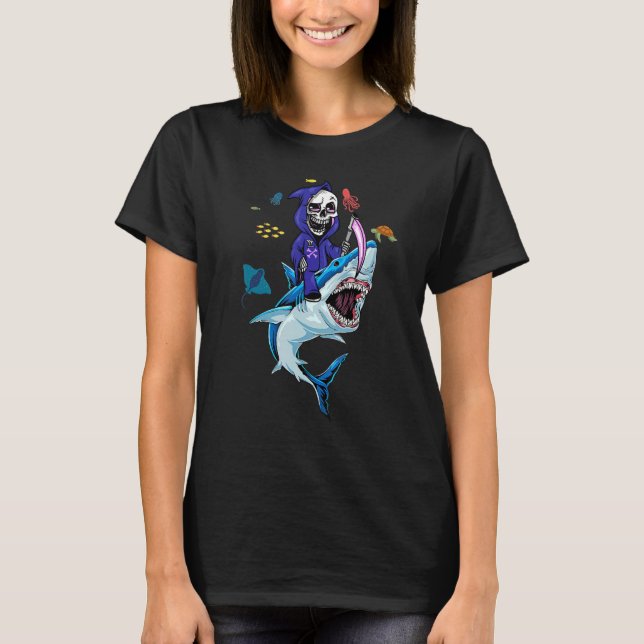Death Riding Shark Halloween Kids Boys Girls T Shirt (Framsida)