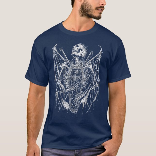 Death Skeleton Demon Angel Coffin white retro T Shirt (Framsida)