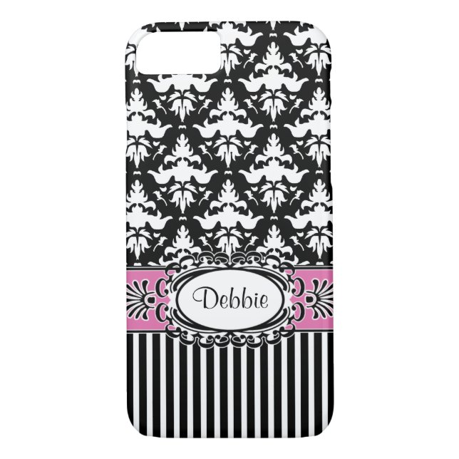 Debbie gör Paris Retro rosa och svart damast Case-Mate iPhone Skal (Baksida)