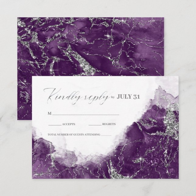 Debbie U-W Marble Glitter Bröllop Plum Slvr ID644 OSA Kort (Fram/baksida)