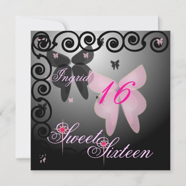 Debutant Butterfly Sweet sixteen Rosa/Black Invit. Inbjudningar (Framsida)
