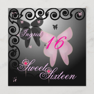Debutant Butterfly Sweet sixteen Rosa/Black Invit. Inbjudningar