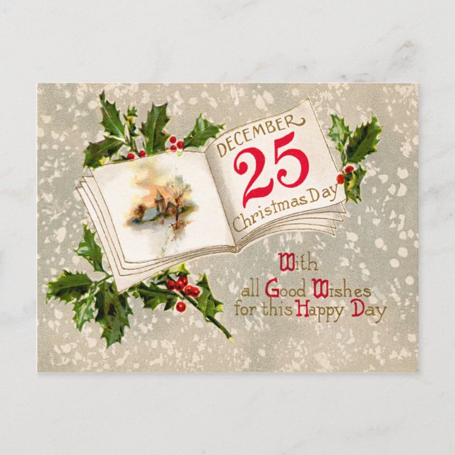 Dec 25:e kyrkan Holly Snö Vykort (Framsida)