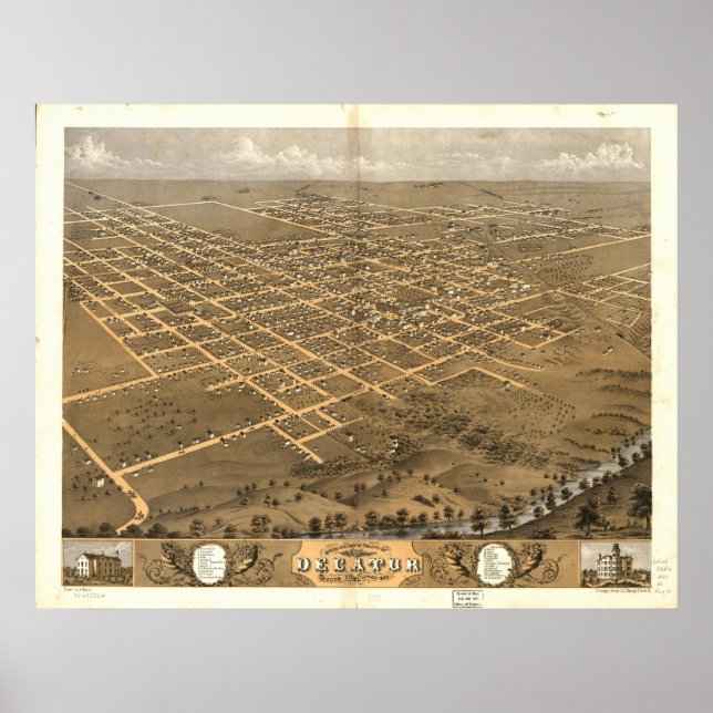 Decatur Illinois 1869 Antique Panoramic Karta Poster (Framsidan)