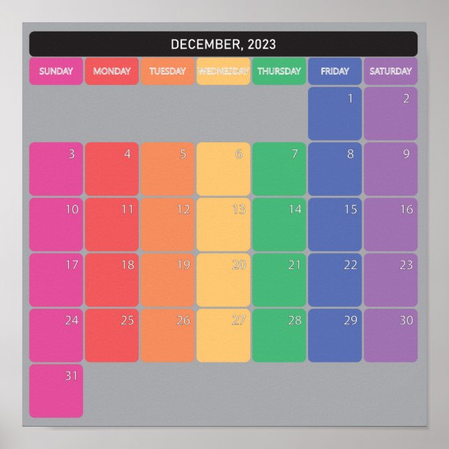 December 2023 planer kalender färgdagar poster (Framsidan)