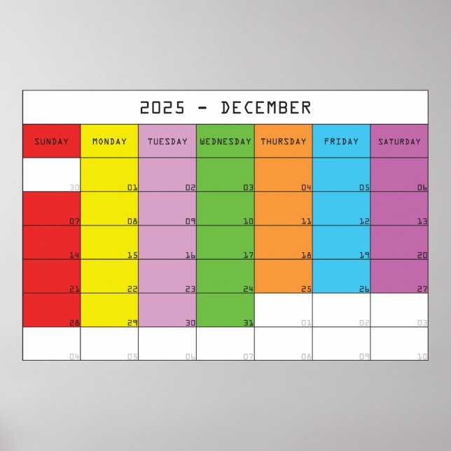 December 2025 färgdagar kalender planerare poster (Framsidan)