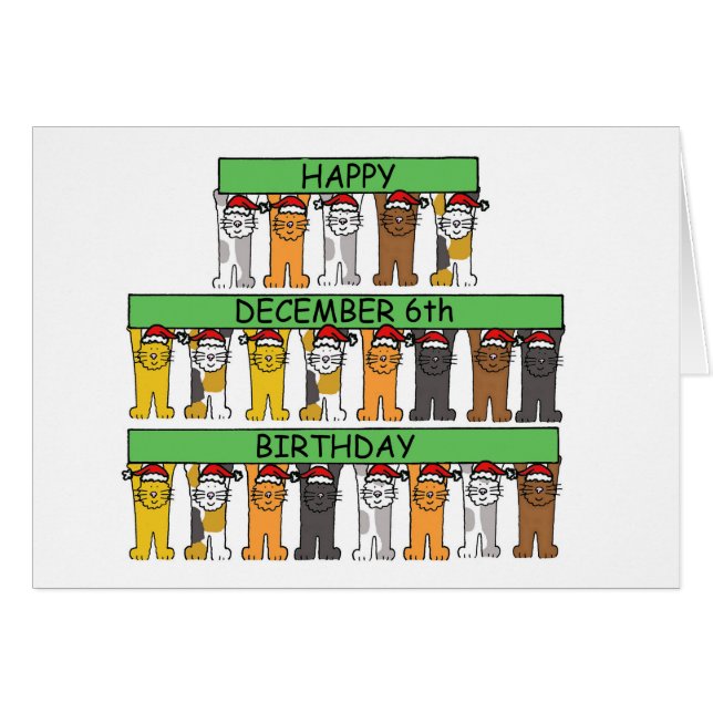 December 6e Birthday Cute Tecknad Cats Hälsningskort (Framsidan Horizontal)