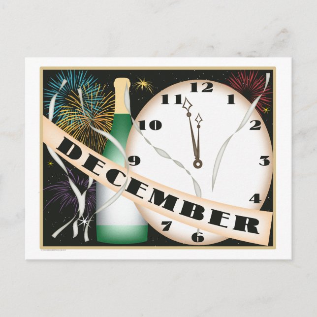 December Art Deco Champagne och Fireworks Vykort (Framsida)