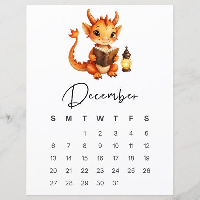 December Baby Dragon Konsttryck Whimsical Kalender (Framsida)