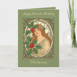 December Birthday Art Nouveau Holly Berries Kort