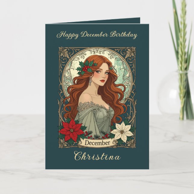 December Birthday Holly Berries And Poinsettia Kort (Framsida)