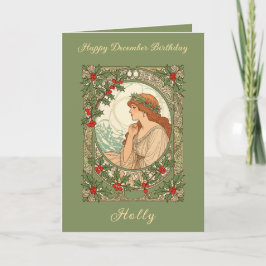 December Birthday Holly Berries Art Nouveau Kort