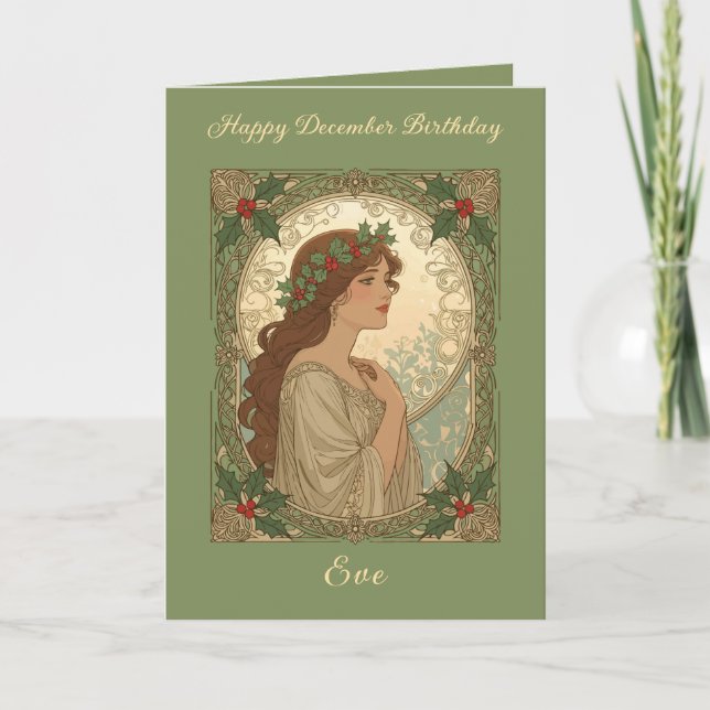 December Birthday Holly Berries Art Nouveau Style Kort (Framsida)