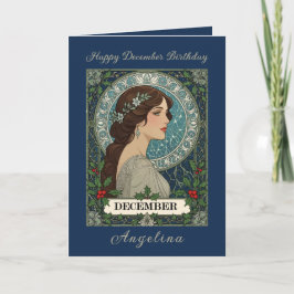 December Birthday Holly Berries Winter Blue Kort