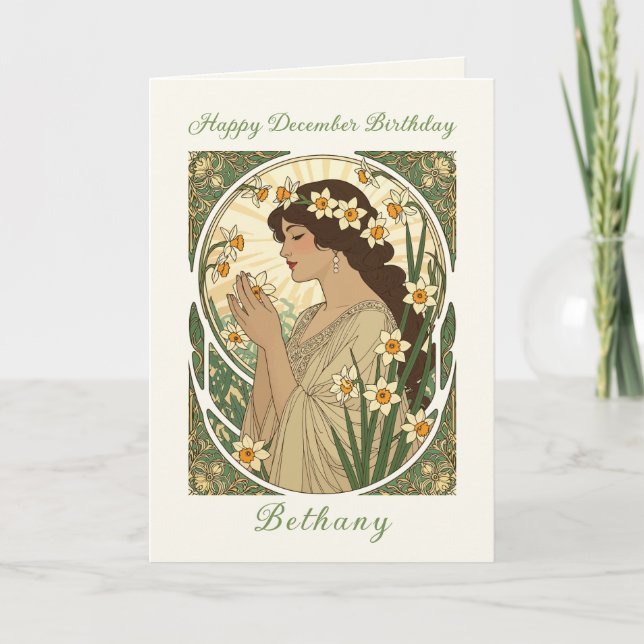December Birthday Narcissus Art Nouveau Design Kort (Framsida)