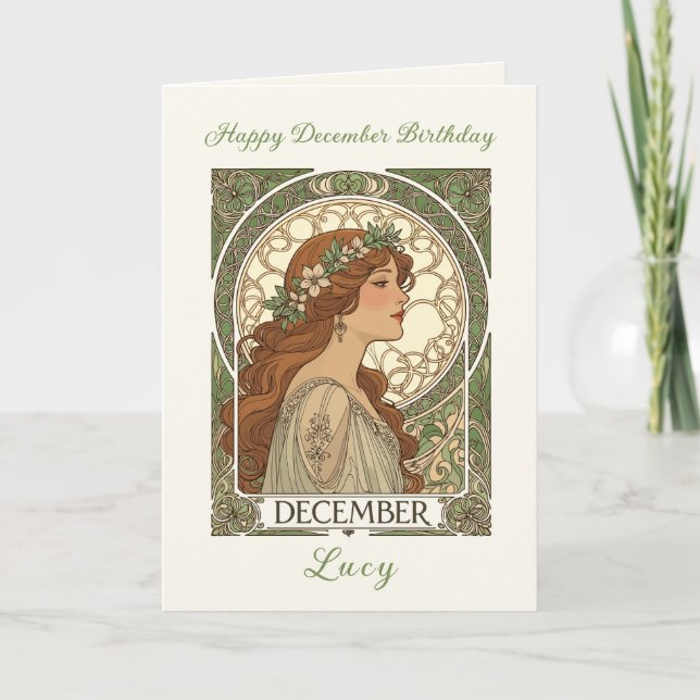 December Birthday Narcissus Art Nouveau Style Kort (Framsida)