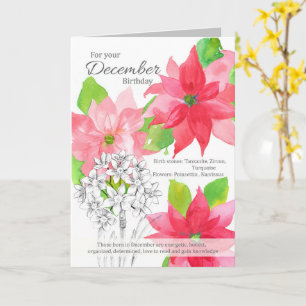 December Birthday Poinsettia Narcissus Botanical Kort