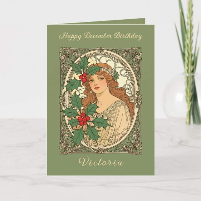 December Födelsedag Art Nouveau Järnekbär Kort (Framsida)