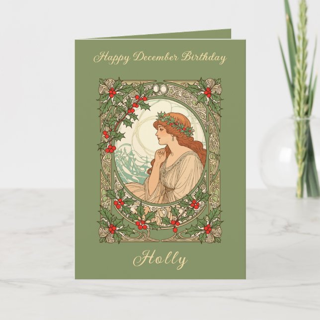 December Födelsedag Holly Bär Art Nouveau Kort (Framsida)