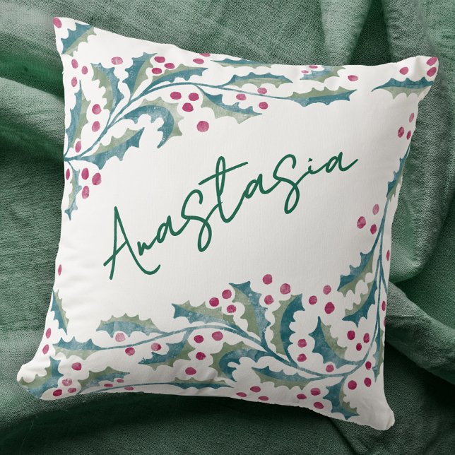 December Födelsemånad Holly Personlig Kudde (December birthday personalized custom name birth month flower holly throw pillow)