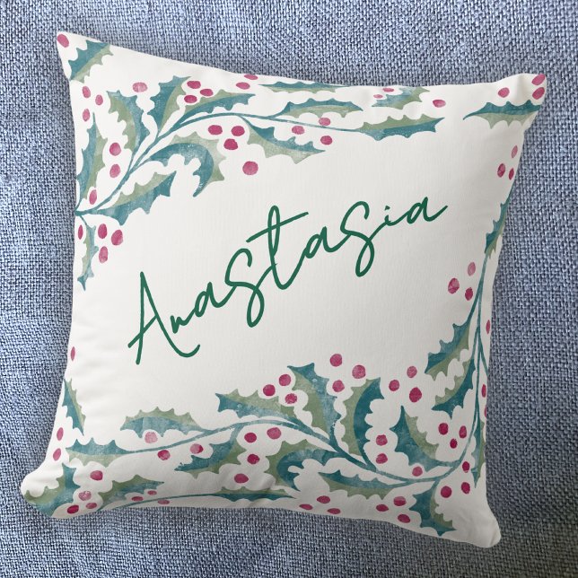 December Födelsemånad Holly Personlig Kudde (December birthday personalized custom name birth month flower holly throw pillow)