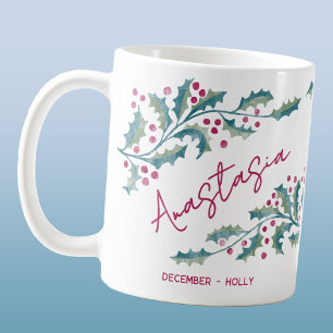 December Födelsemblomma Anpassat Namn Holly Kaffemugg