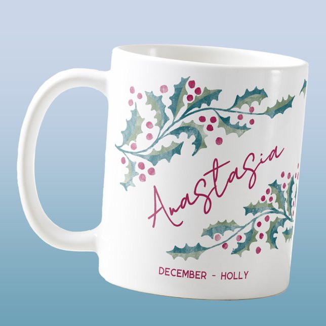 December Födelsemblomma Anpassat Namn Holly Kaffemugg (December birth month flower holly personalized custom script name coffee mug gift)