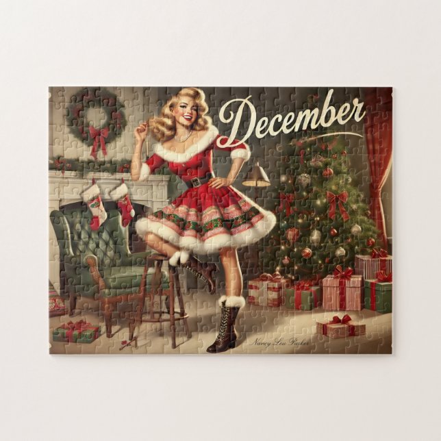 December: Retro-julklapp, Pin-Up-flicka Pussel (Horisontell)