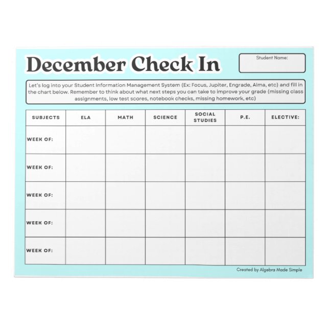 December Veckovis checkning in Klass i Student Anteckningsblock (Framsida)