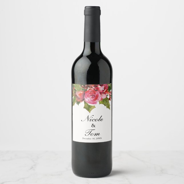 December Winter Wedding Holly Berry Blommigt Vin Vinflaska Etikett (Framsida)