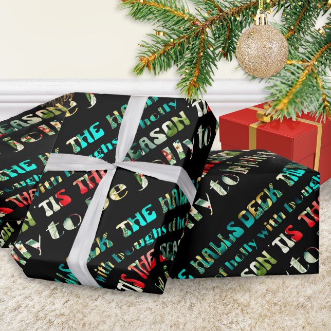Deck The Halls Festiv Färgglad Groovy Modern Presentpapper (Christmas gift wrapping paper with groovy multicolor words, from 'Deck the Halls' festive song)
