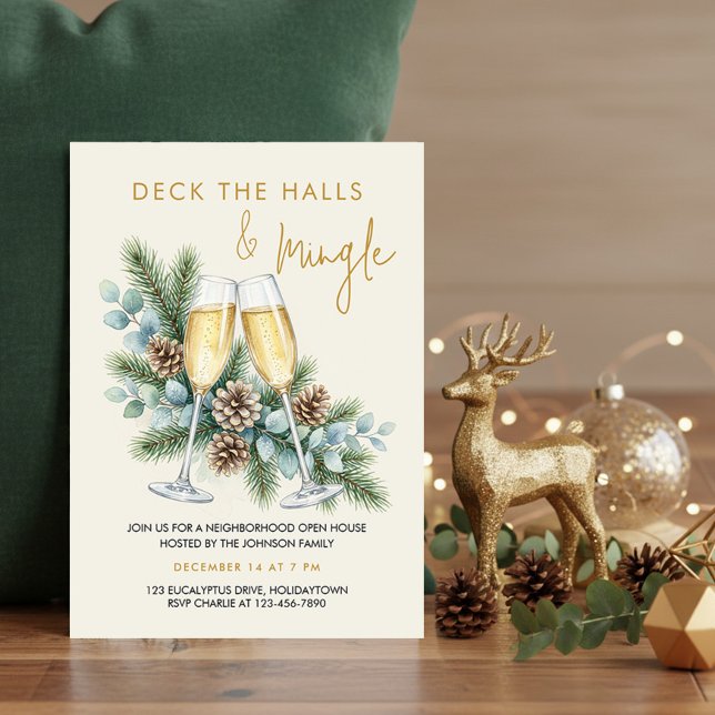 Deck the Halls Mingle Champagne Högtidspartaj Inbjudningar (Holiday Party Invitation with champagne & greenery by Darling & May - printed or digital download)